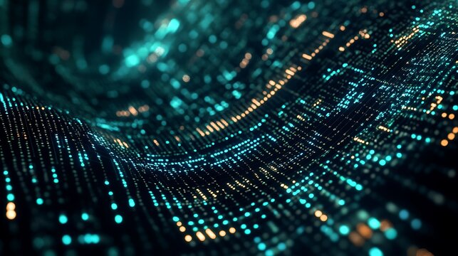 Futuristic teal digital data stream tunnel with glowing particles for cybersecurity and cloud computing background