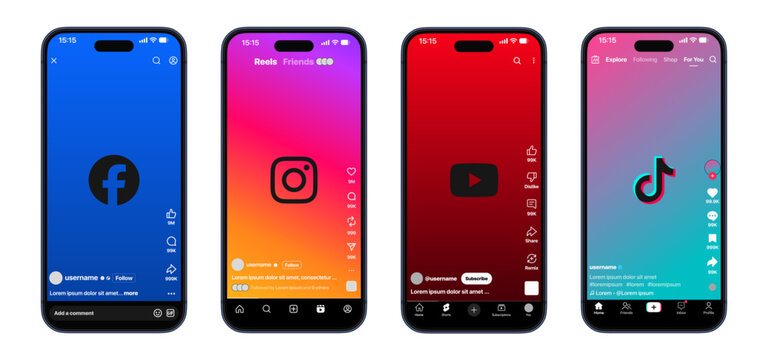 Facebook Instagram Youtube Tiktok 2026 reels story short video concept with subscribe follow like comment buttons for social media engagement and content growth