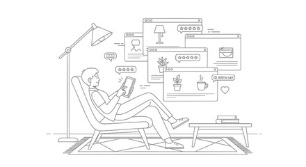 Obraz premium Man relaxing in chair with tablet and floating digital icons and apps around him