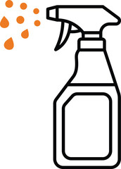 Orange liquid droplets spraying from a black outline spray bottle cleaning