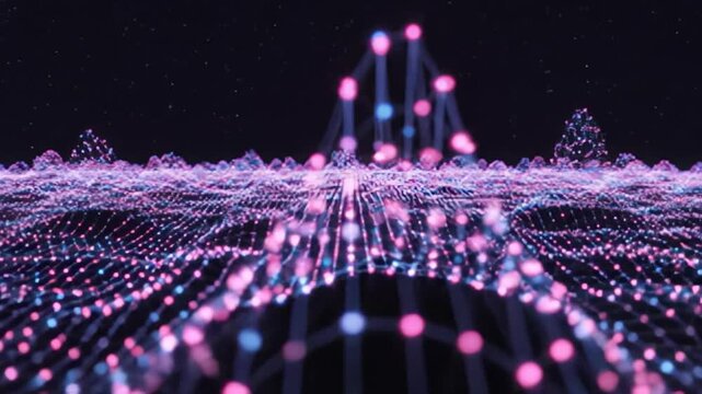 Abstract network data visualization with pink and blue connected dots