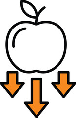 Outline of an apple with three orange arrows pointing downwards fruit symbol