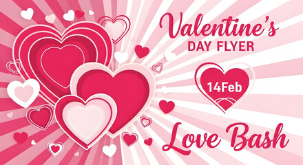 Valentine's Day flyer with vibrant pink and white hearts, text 'Valentine's Day Flyer' and 'Love Bash', perfect for party invitations.