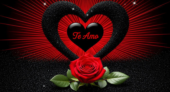 Dramatic Valentine's Day artwork with a sparkling black heart, red rose, and radiating lines, featuring the text 'Te Amo'.