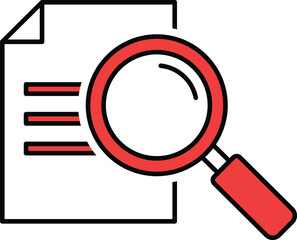 Red magnifying glass over document with horizontal lines search research