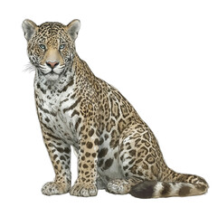 Fototapeta premium majestic jaguar sitting in full body portrait with detailed fur and intense gaze