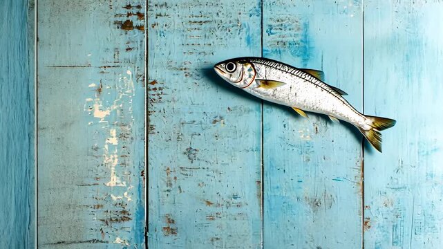 Fresh fish slides on rustic blue wood surface: captivating movement against textured background