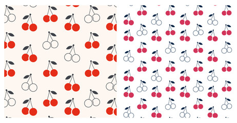 Sweet cherry patterns in red and pink on a light background with white outlines