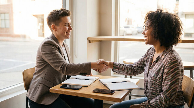 Business handshake between colleagues at desk