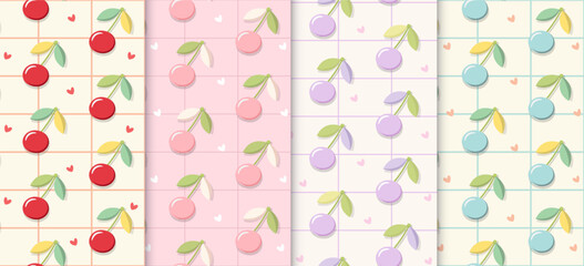 Pastel cherry patterns with grid background in red, pink, purple, and blue