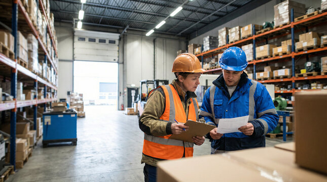 Warehouse supervisor talking with coworker during safety check.
