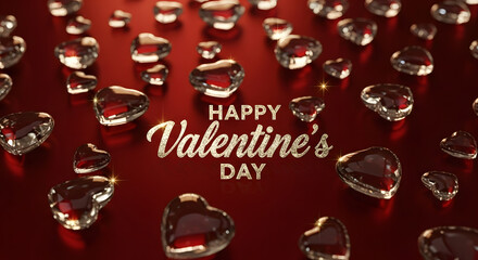 Crystal Heart Gems on Red &ndash; Luxurious Happy Valentine's Day