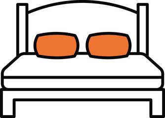 Simple cartoon bed with two orange pillows and black outline white