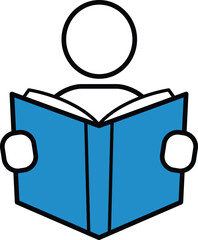 Stylized figure reading an open blue book with black outline open book