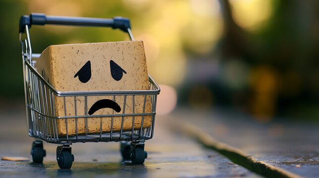 Sad Face Cardboard Box in Miniature Shopping Cart for Consumer Disappointment and Economic Inflation Concept