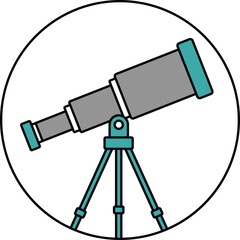 Teal and gray telescope on tripod inside a black circle astronomy science