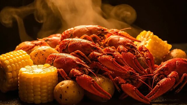 Steaming crawfish boil with corn and potatoes on dark surface