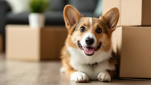 Dog standing in front of boxes in an apartment, moving to a new apartment, pet friendly