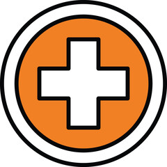 Obraz premium White cross on orange circle with black and white outlines medical health