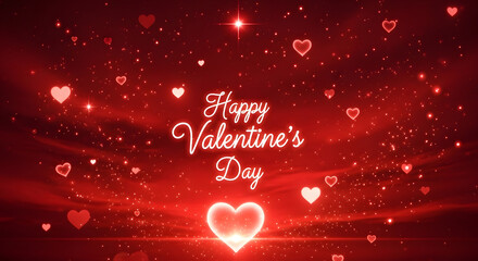 Happy Valentine's Day greeting on magical red glowing background with sparkling particles and floating heart bokeh effects.