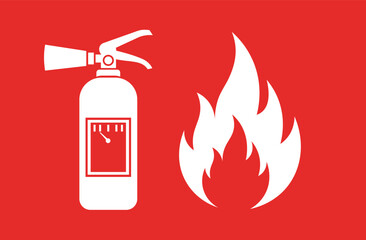 White fire extinguisher and flame on red background safety emergency