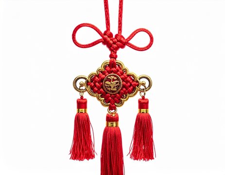 Decorative red Chinese knot charm with intricate gold design hanging from a red cord
