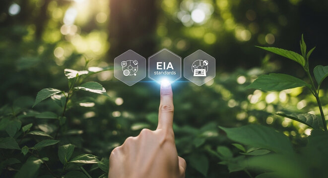 Hand touching EIA standard icon for environmental impact assessment, promoting sustainable green future solutions.