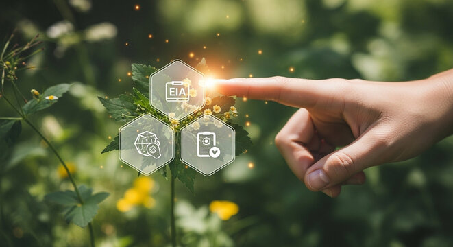 Hand interacting with EIA icons: environmental project assessment, compliance, and sustainable development.