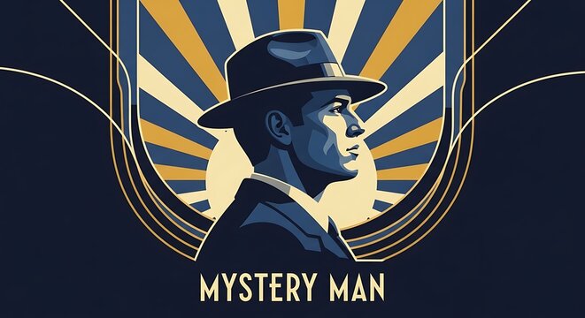 Art Deco Mystery Man in Fedora Hat with Sunburst Background.
