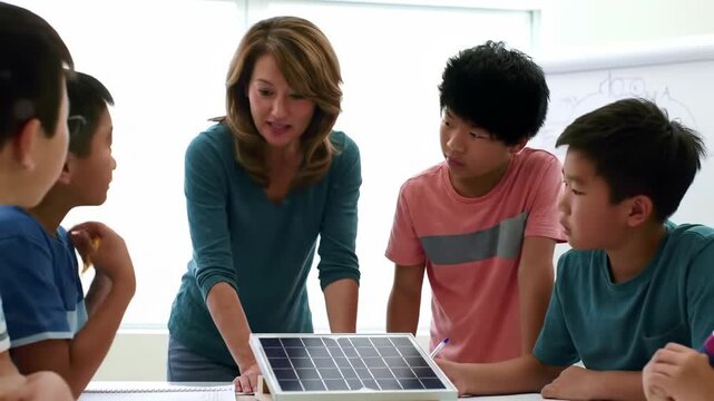 Female instructor pointing at small solar panel during science lesson with diverse group of students
