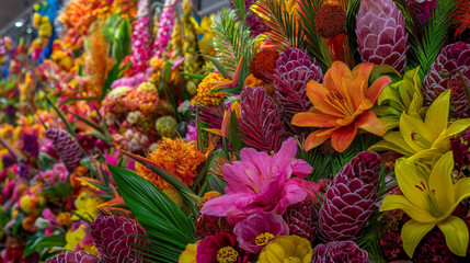 Vibrant assortment of colorful flowers in a lush display. Carnival in Brazil Tropical flowers  
