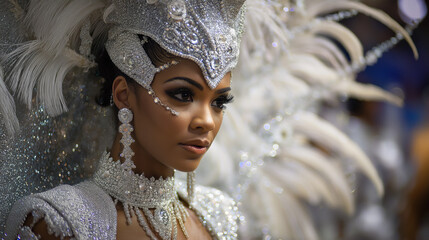 Elegant woman in elaborate feathered costume with sparkling accents. Carnival in Brazil Beaded costume 
