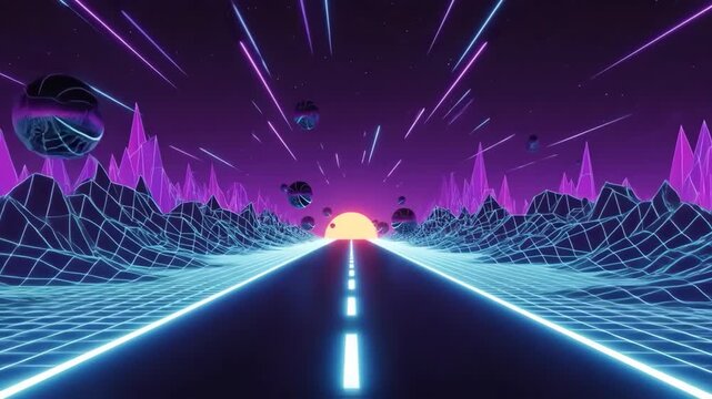 Retro Drive 80s Neon Road to Sunset with Synthwave Landscape.