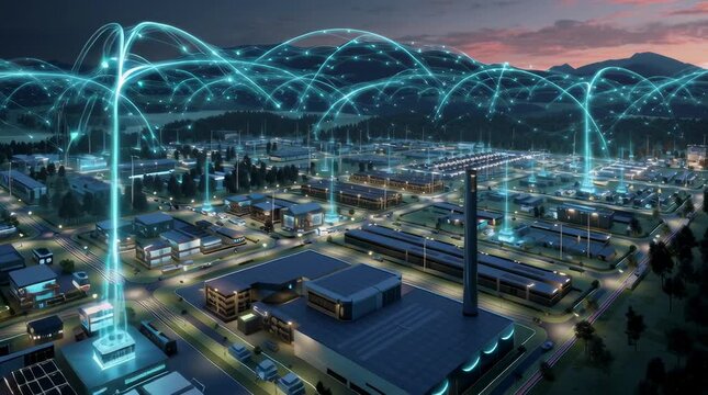 ultra-realistic industrial zone with various sectors (manufacturing, logistics, cold chain, data centers, greenhouses) all operating with no interruption glowing electric currents flowing in backgroun