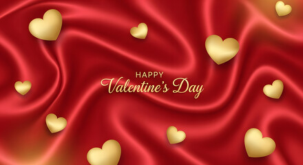 Golden Hearts on Wavy Red Satin &ndash; Glamorous Happy Valentine's Day