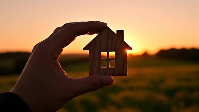 Human hand holding tiny wooden house model against a beautiful sunset sky representing home dream