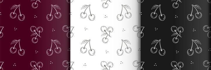 Seamless pattern with hand-drawn cherries in white outline on dark backgrounds