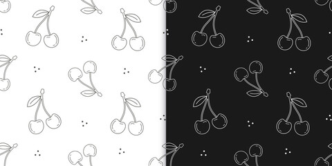 Doodle-style cherry pattern with minimalist design on white and black backgrounds