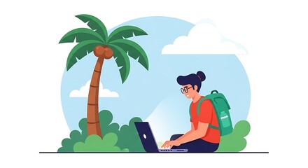 Young person working on a laptop under a palm tree on a tropical island.