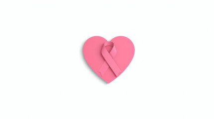 Fototapeta premium Pink heart with a symbolic awareness ribbon on a clean white background, representing support, hope, and the crucial importance of breast cancer awareness