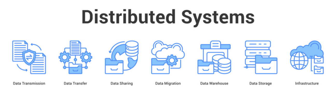 Distributed Systems web banner icon set vector illustration concept for business with icon of Data Transmission, Data Transfer, Data Sharing, Data Migration, Data Warehouse, D.