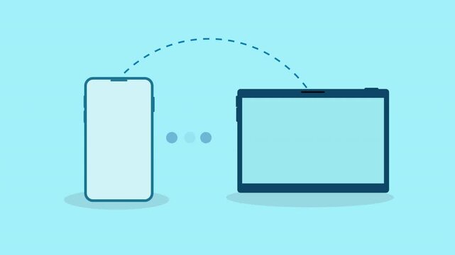 Flat minimal illustration of a smartphone and tablet connected by a dotted arc, representing wireless data synchronization, file transfer, and cross-device communication.
