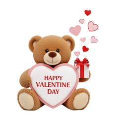 Brown Teddy Bear with &ldquo;Happy Valentine Day&rdquo; Heart and Gift on White Background &mdash; Festive, Whimsical, Affectionate &mdash; Ideal for Greeting Cards,PNG.
