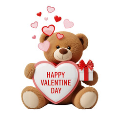 Brown Teddy Bear with &ldquo;Happy Valentine Day&rdquo; Heart and Gift on White Background &mdash; Festive, Whimsical, Affectionate &mdash; Ideal for Greeting Cards,PNG.
