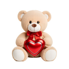 Beige Teddy Bear Holding Red Heart on White Background &mdash; Sweet, Nostalgic, Loving &mdash; Perfect for Valentine&rsquo;s Day, Gift Branding, or Heartfelt Sentiment Marketing.
