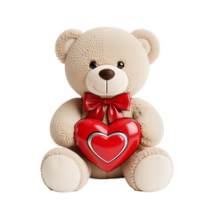 Beige Teddy Bear Holding Red Heart on White Background &mdash; Sweet, Nostalgic, Loving &mdash; Perfect for Valentine&rsquo;s Day, Gift Branding, or Heartfelt Sentiment Marketing.
