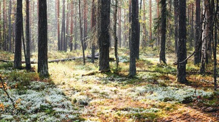 Obraz premium Dense forest scene featuring tall trees with sunlight filtering through branches, highlighting green moss and white flowers covering the ground