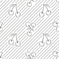 Chic cherry pattern with subtle stripes and hand-drawn fruit on a white background