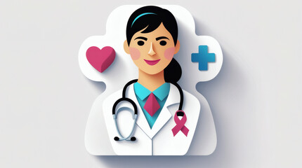 Fototapeta premium Empathetic female doctor icon symbolizing dedicated healthcare, compassionate medical support, and vital breast cancer awareness for women's health