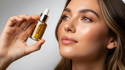 Fototapeta premium Young woman holding a bottle of facial serum or oil.
